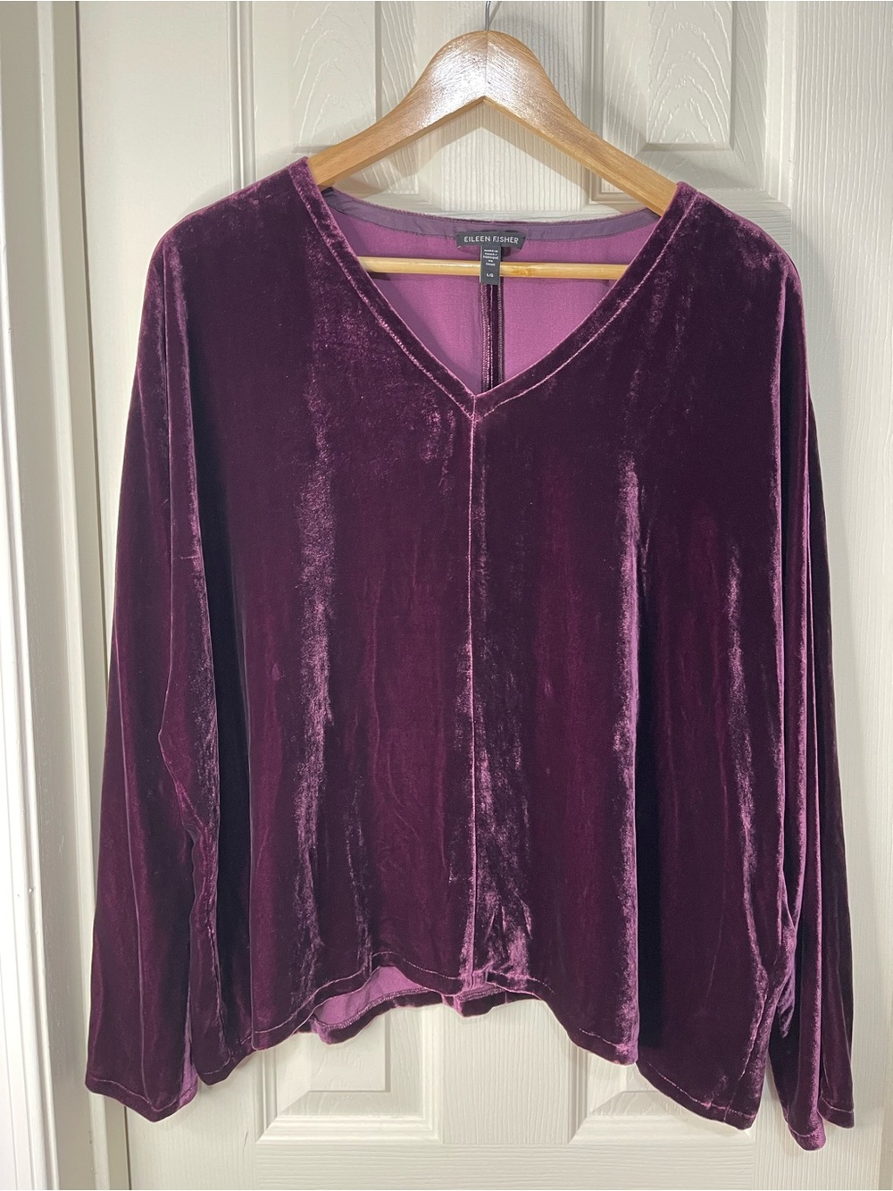 Eileen Fisher Purple Whimsical Viscose Silk Velvet V-Neck Dolman Sleeve Top LG